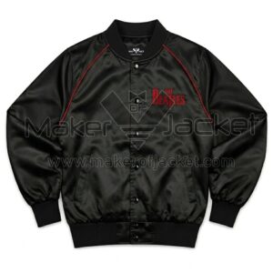 Front View Of The Beatles Black Satin Jacket Featuring red piping and THE BEATLES spell on the left chest.