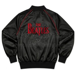 Back View Of The Beatles Black Satin Jacket Featuring red piping and bold THE BEATLES spell on the back.