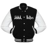 Front View Of The Beatles Varsity Jacket Featuring with The Beatles Chest Logo and Snap Button Closure.