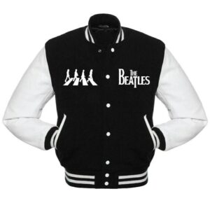 Front View Of The Beatles Varsity Jacket Featuring with The Beatles Chest Logo and Snap Button Closure.
