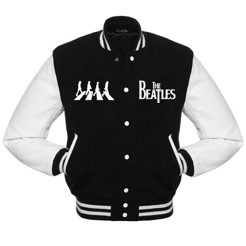The-Beatles-Rock-Band-Black-White-Varsity-Jacket-1 Front View Of The Beatles Varsity Jacket Featuring with The Beatles Chest Logo and Snap Button Closure.