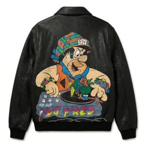 Back view of The DJ Fred Flintstone Bedrock Black Leather Jacket features a large patch of Fred Flintstone as a hip-hop DJ operating a record turntable.