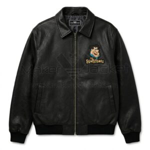 Front view of The DJ Fred Flintstone Bedrock Black Leather Jacket featuring an embroidered patch of Fred Flintstone's face and "The Flintstones" logo on the left chest.