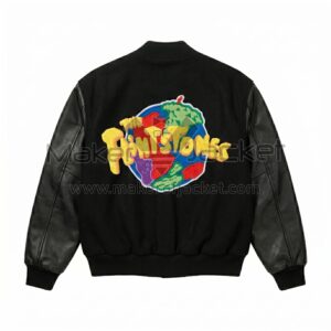 Back view of The Flintstones Bedrock 1994 Black Varsity Jacket featuring a colorful, globe-shaped graphic patch with a yellow "The Flintstones" logo across the center.
