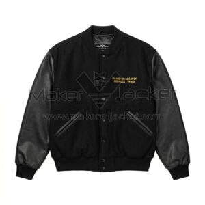 Front view of The Flintstones Bedrock 1994 Black Varsity Jacket featuring yellow embroidered text "FILMED ON LOCATION BEDROCK '94 A.D." on the left chest.