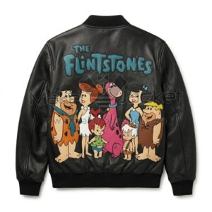 Back view of The Flintstones Bedrock Family Black Leather Bomber Jacket featuring a large The Flintstones family characters.