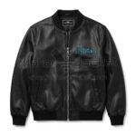 Front view of The Flintstones Bedrock Family Black Leather Bomber Jacket featuring front zipper, ribbed cuffs, and "The Flintstones" logo embroidered on the left chest.