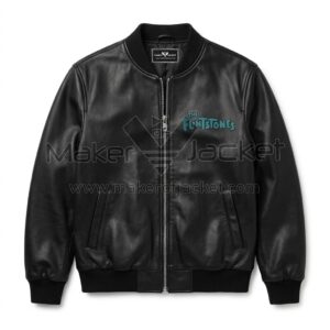 Front view of The Flintstones Bedrock Family Black Leather Bomber Jacket featuring front zipper, ribbed cuffs, and "The Flintstones" logo embroidered on the left chest.