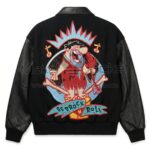 Back view of The Flintstones Bedrock N Roll Black Varsity Jacket featuring a large graphic of Fred Flintstone holding a microphone with a "BEDROCK N ROLL" banner.