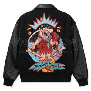 Back view of The Flintstones Bedrock N Roll Black Varsity Jacket featuring a large graphic of Fred Flintstone holding a microphone with a "BEDROCK N ROLL" banner.