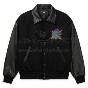 Front view of The Flintstones Bedrock N Roll Black Varsity Jacket featuring leather sleeves, collar, and pocket trim and colorful cartoon dinosaur patch on the left chest.