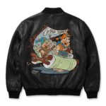 Back view of Flintstones Bedrock Phat White Leather Bomber Jacket features a large cartoon artwork of Fred Flintstone and Barney Rubble in a stone car under "YALL THAT!" text.