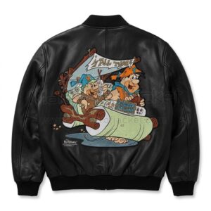 Back view of Flintstones Bedrock Phat White Leather Bomber Jacket features a large cartoon artwork of Fred Flintstone and Barney Rubble in a stone car under "YALL THAT!" text.