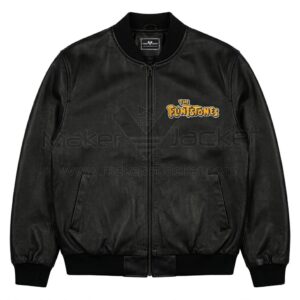 Front view of Flintstones Bedrock Phat White Leather Bomber Jacket features a yellow and orange "The Flintstones" patch on the left chest.