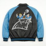 Back view of The Flintstones Carolina Panthers Bomber Leather Jacket featuring a large patch of Fred Flintstone and Barney Rubble behind a Carolina Panthers logo.