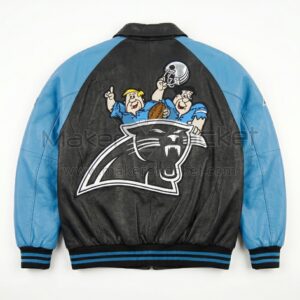 Back view of The Flintstones Carolina Panthers Bomber Leather Jacket featuring a large patch of Fred Flintstone and Barney Rubble behind a Carolina Panthers logo.