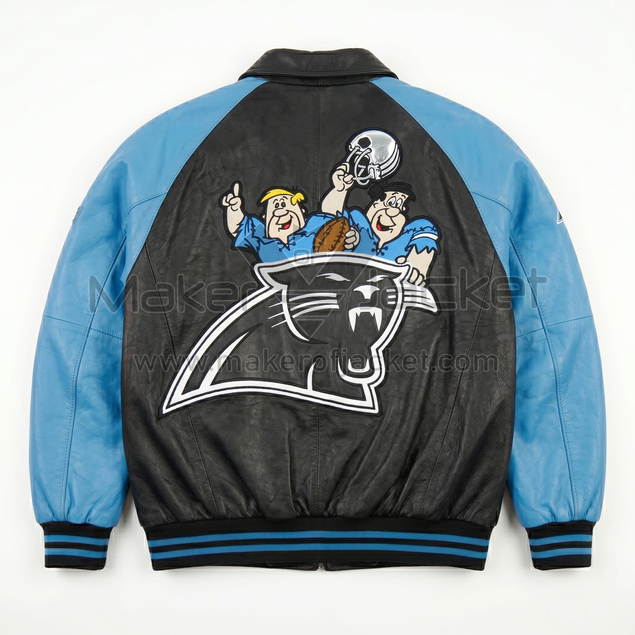 The Flintstones Carolina Panthers Bomber Leather Jacket Back Back view of The Flintstones Carolina Panthers Bomber Leather Jacket featuring a large patch of Fred Flintstone and Barney Rubble behind a Carolina Panthers logo.