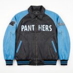 Front view of The Flintstones Carolina Panthers Bomber Leather Jacket featuring "PANTHERS" on the chest, a Panthers logo on the right sleeve, and a Flintstones logo on the left.