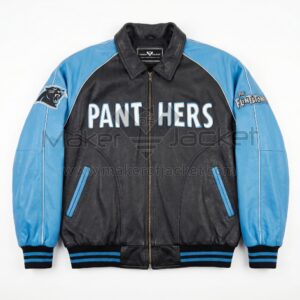 Front view of The Flintstones Carolina Panthers Bomber Leather Jacket featuring "PANTHERS" on the chest, a Panthers logo on the right sleeve, and a Flintstones logo on the left.