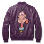 Back View of The Flintstones Dino Purple Leather Bomber Jacket featuring an leather applique Dino from The Flintstones sticking his tongue out on the back