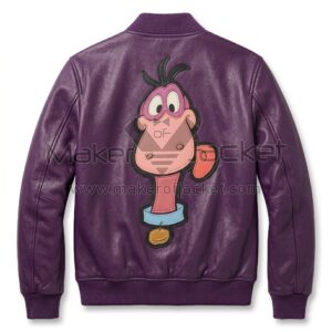 Back View of The Flintstones Dino Purple Leather Bomber Jacket featuring an leather applique Dino from The Flintstones sticking his tongue out on the back