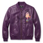 ront view of The Flintstones Dino Purple Leather Bomber Jacket featuring an leather applique Dino from The Flintstones sticking his tongue out on the left chest.