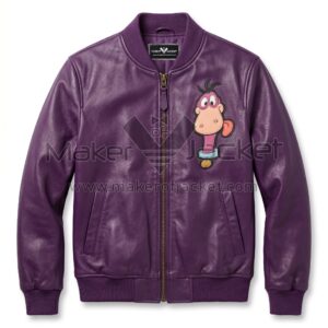 ront view of The Flintstones Dino Purple Leather Bomber Jacket featuring an leather applique Dino from The Flintstones sticking his tongue out on the left chest.