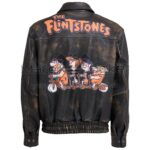 Back view of Distressed Brown The Flintstones Bomber Leather Jacket featuring "The Flintstones" text above a graphic of Fred, Wilma, Betty, and Barney riding a bike.