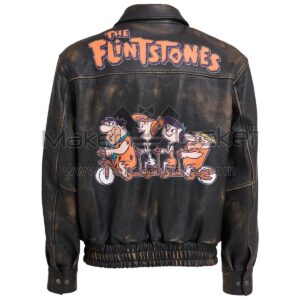 Back view of Distressed Brown The Flintstones Bomber Leather Jacket featuring "The Flintstones" text above a graphic of Fred, Wilma, Betty, and Barney riding a bike.