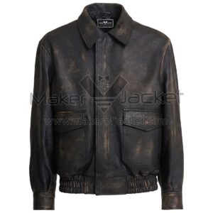 Front view of Distressed Brown The Flintstones Bomber Leather Jacket featuring a shirt-style collar, two large flap pockets, and an elastic hem.