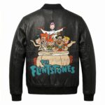Back view of The Flintstones Family Car Ride Black Leather Bomber Jacket featuring large leather applique The Flintstones characters riding in their iconic stone-age car.