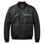 Front view of The Flintstones Family Car Ride Black Leather Bomber Jacket featuring a blue leather applique "The Flintstones" logo on the left chest.