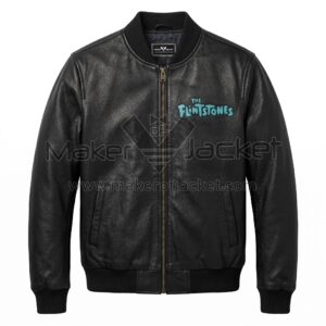 Front view of The Flintstones Family Car Ride Black Leather Bomber Jacket featuring a blue leather applique "The Flintstones" logo on the left chest.