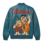 Back view of Flintstones Fred and Barney Blue Leather Bomber Jacket features a large artwork of Fred Flintstone and Barney Rubble under "The Flintstones" logo.