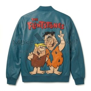 Back view of Flintstones Fred and Barney Blue Leather Bomber Jacket features a large artwork of Fred Flintstone and Barney Rubble under "The Flintstones" logo.