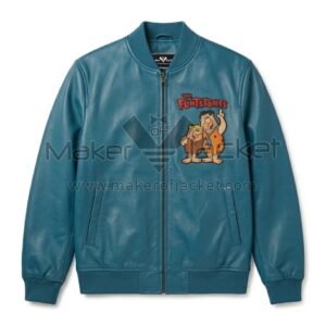 Front view of Flintstones Fred and Barney Blue Leather Bomber Jacket features an artwork of Fred Flintstone and Barney Rubble under "The Flintstones" logo.