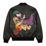 Back view of Flintstones Fred and Dino Black Leather Bomber Jacket features a large patch of Dino jumping on Fred Flintstone, knocking off his green hat.