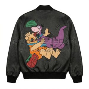 Back view of Flintstones Fred and Dino Black Leather Bomber Jacket features a large patch of Dino jumping on Fred Flintstone, knocking off his green hat.