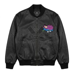 Front view of Flintstones Fred and Dino Black Leather Bomber Jack feteaturing an embroidered patch of Dino resting on a blue banner on the left chest.