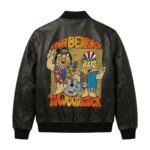 Back view of The Flintstones From Bedrock To Woodstock Leather Bomber Jacket featuring a large embroidered design of Fred Flintstone and Barney Rubble dressed as hippies, with the text "From Bedrock to Woodstock."