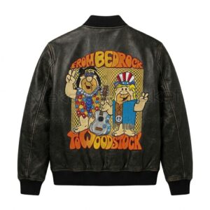 Back view of The Flintstones From Bedrock To Woodstock Leather Bomber Jacket featuring a large embroidered design of Fred Flintstone and Barney Rubble dressed as hippies, with the text "From Bedrock to Woodstock."