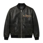 Front view of The Flintstones From Bedrock To Woodstock Leather Bomber Jacket featuring "The Flintstones" logo embroidered in brown and orange on the left chest.