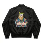 Back view of The Flintstones Retro Barney Black Satin Bomber Jacket featuring a large graphic patch of Fred Flintstone wearing a colorful Coogi-style sweater.