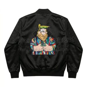Back view of The Flintstones Retro Barney Black Satin Bomber Jacket featuring a large graphic patch of Fred Flintstone wearing a colorful Coogi-style sweater.