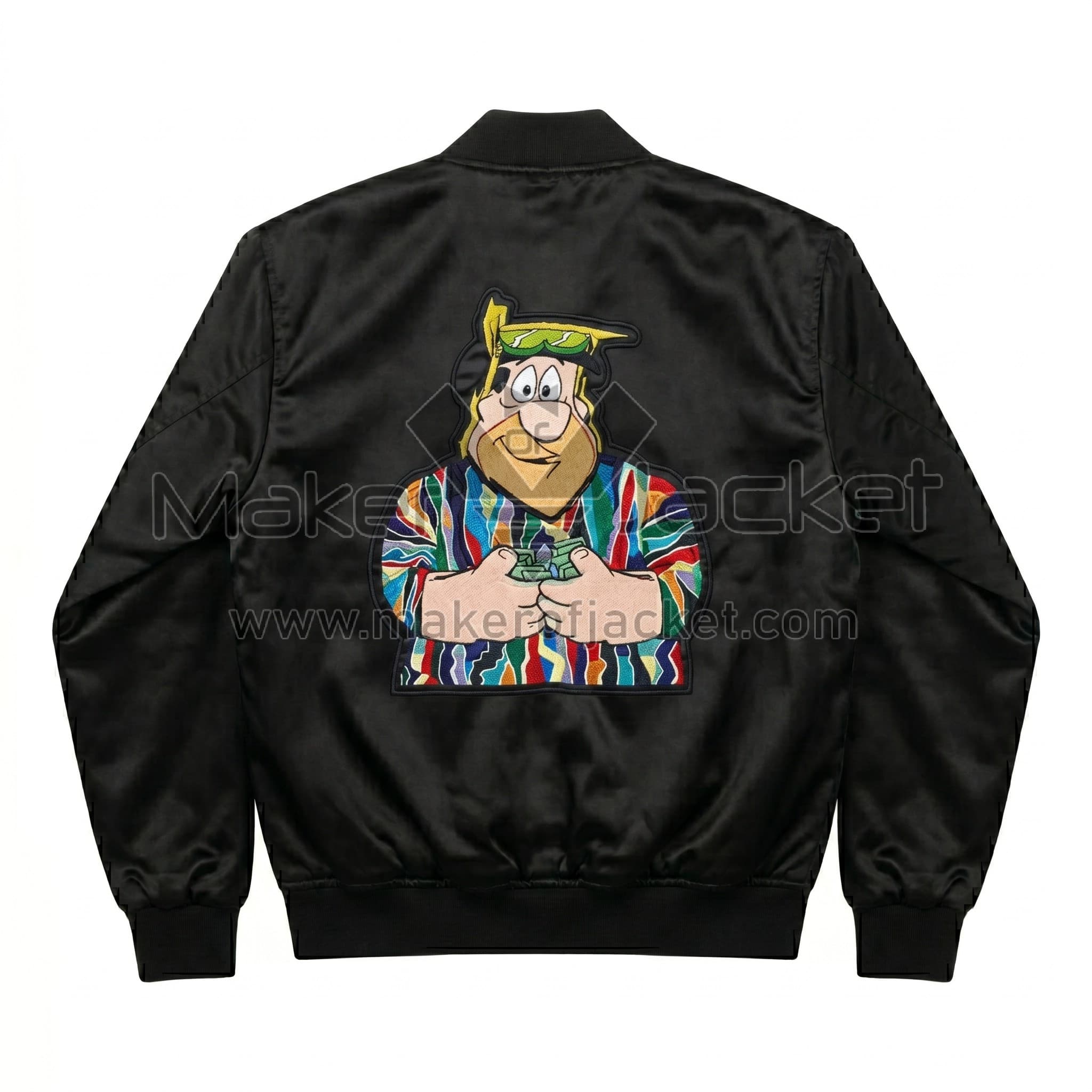 The Flintstones Retro Barney Black Satin Bomber Jacket Back Back view of The Flintstones Retro Barney Black Satin Bomber Jacket featuring a large graphic patch of Fred Flintstone wearing a colorful Coogi-style sweater.