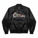 Front view of The The Flintstones Retro Barney Black Satin Bomber Jacket featuring zipper closure and large, colorful, graffiti-style "The Flintstones" logo patch across the front.