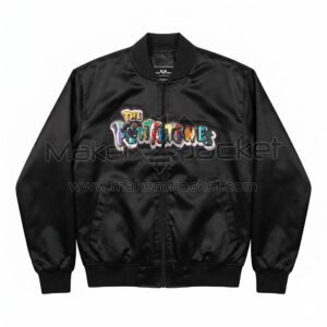 Front view of The The Flintstones Retro Barney Black Satin Bomber Jacket featuring zipper closure and large, colorful, graffiti-style "The Flintstones" logo patch across the front.