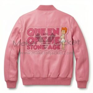 Front view of The Flintstones Wilma Pink Leather Bomber Jacket featuring featuring an cartoon patch of Wilma Flintstone on the left chest.