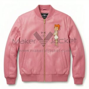 Front view of The Flintstones Wilma Pink Leather Bomber Jacket featuring featuring an cartoon patch of Wilma Flintstone on the left chest.