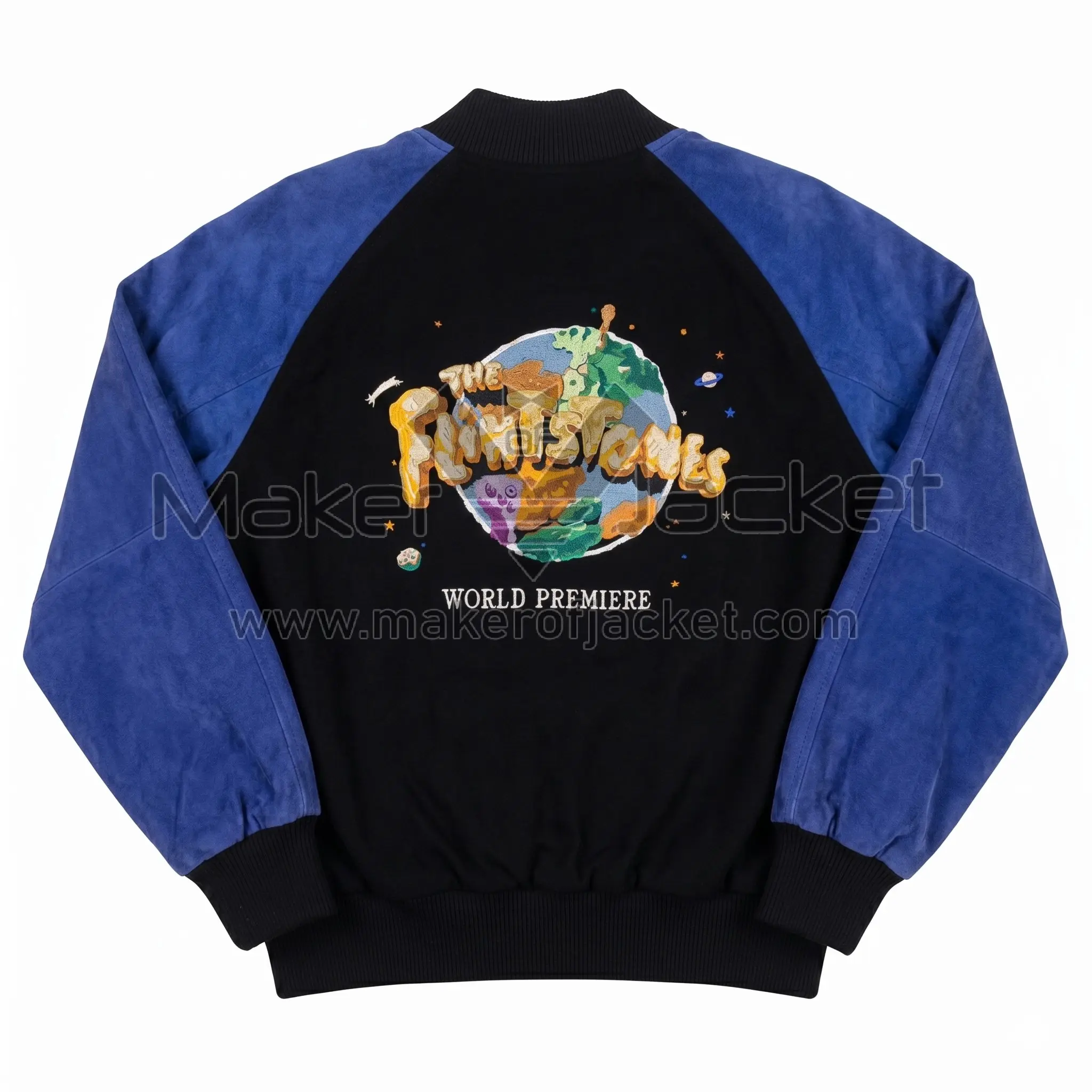 The Flintstones World Premiere Suede Leather Jacket Back Back view of The Flintstones World Premiere Suede Leather Jacket featuring large globe graphic patch, "The Flintstones" logo, and "WORLD PREMIERE" text.